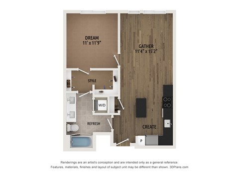 Floor plan for 1 bed, 1 bath, 642 sqft